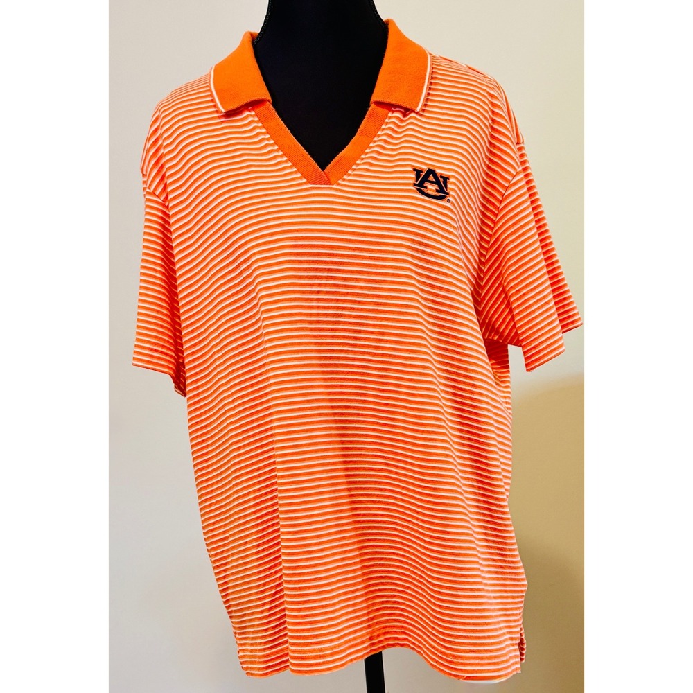 Ashworth Auburn Tigers Polo Top Women XL Orange White Stripe V-Neck Gameday Top⁠